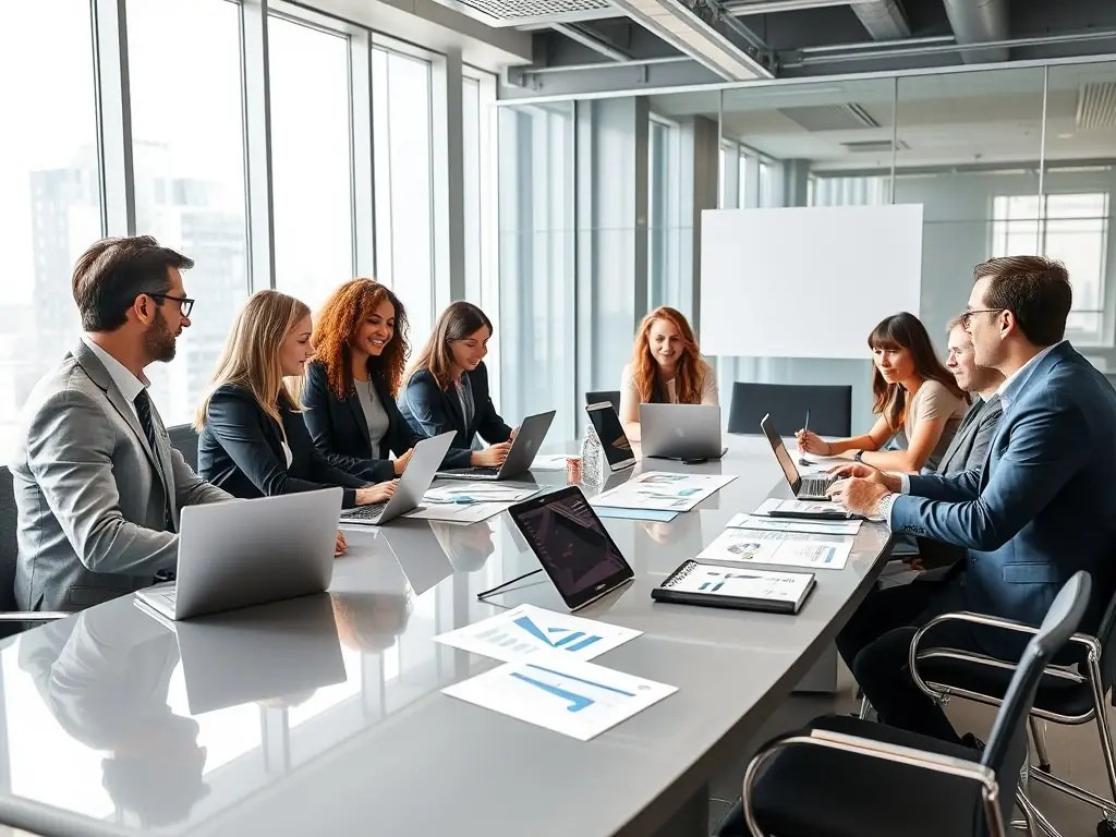 A professional business setting with consultants brainstorming around a table, charts and graphs displayed on a screen in the background, representing strategic planning.