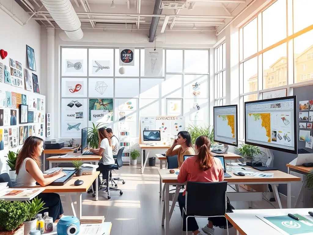 A creative workspace with designers working on brand visuals, mood boards, and style guides, symbolizing the development of branding solutions.